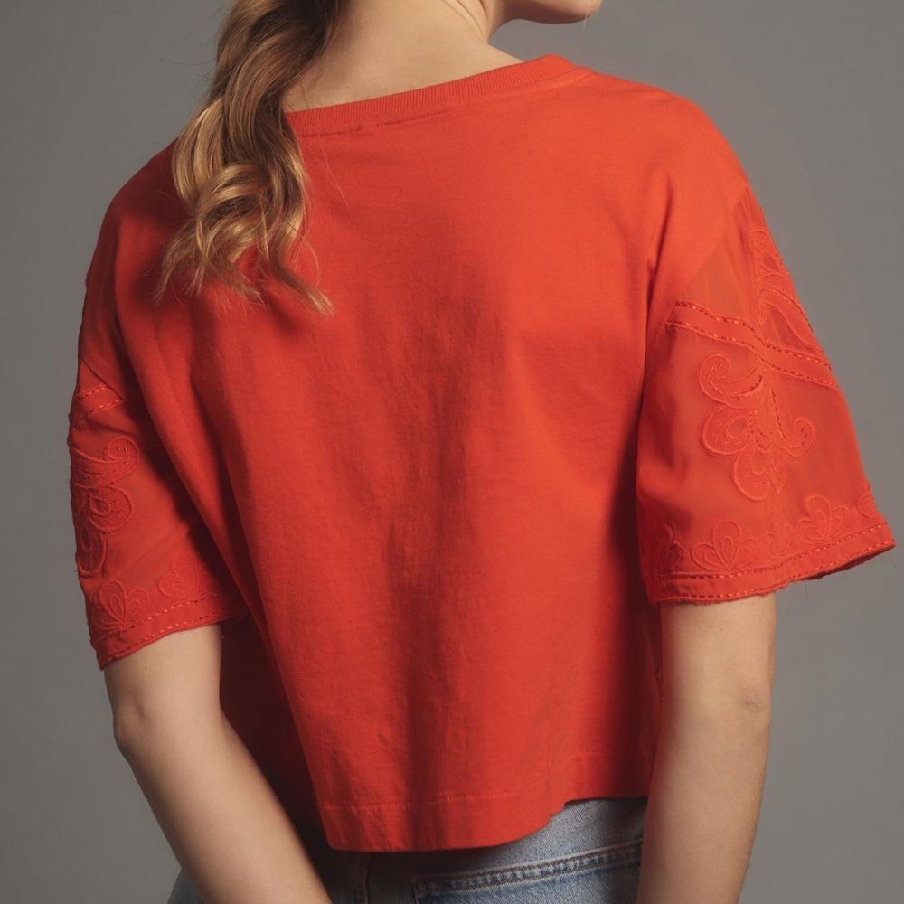 By Anthropologie Sheer Embroidered Boxy Top in Bright Red - Picture 3 of 7